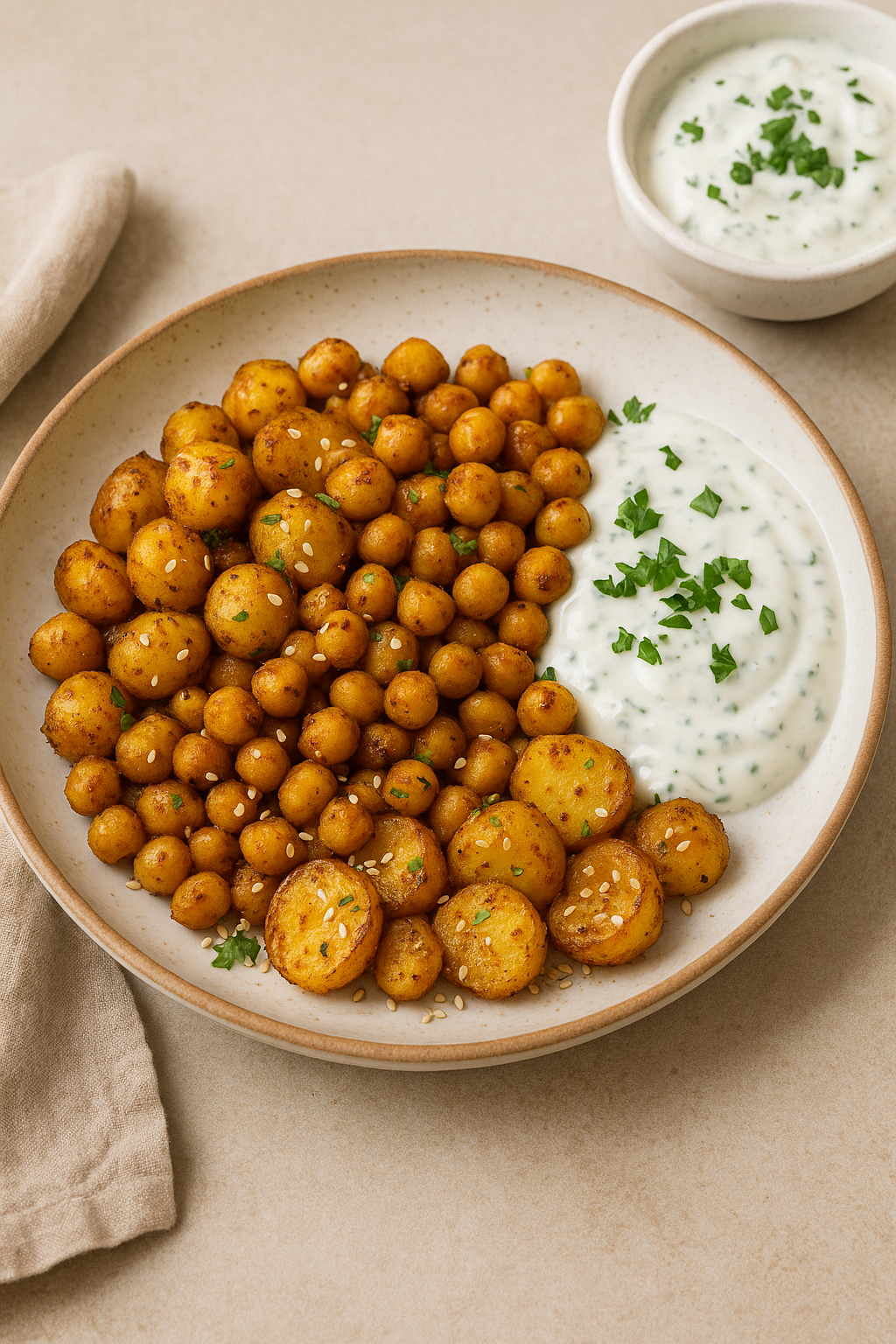 Knusprige Kartoffeln & Kichererbsen mit Joghurt-Knoblauch-Sauce mit Happy-Gefühl-Gewürzmischung