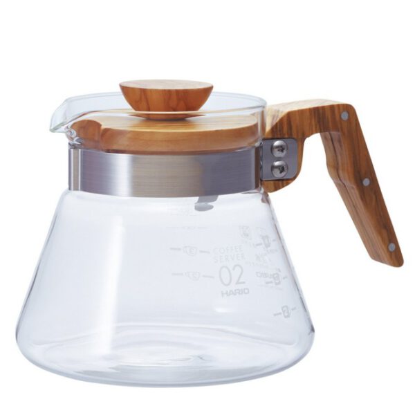 Hario Glaskanne mit Olivenholzgriff für Kaffee oder Tee – 600 ml (Modell 02) Kanne