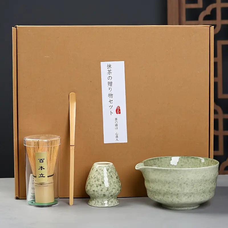 Keramik-Matcha-Teezeremonie-Set im japanischen Stil – 4-teilig mit Schale, Bambus-Schneebesen & Löffel in Geschenkbox