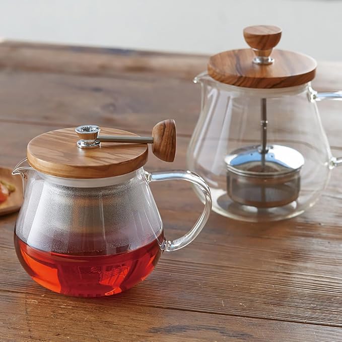 Japanische edle Design und cleverer Funktionalität Tee Kanne aus Glas, Edelstahl Sieb und Olivenholzdeckel – 450 ml / 700 ml