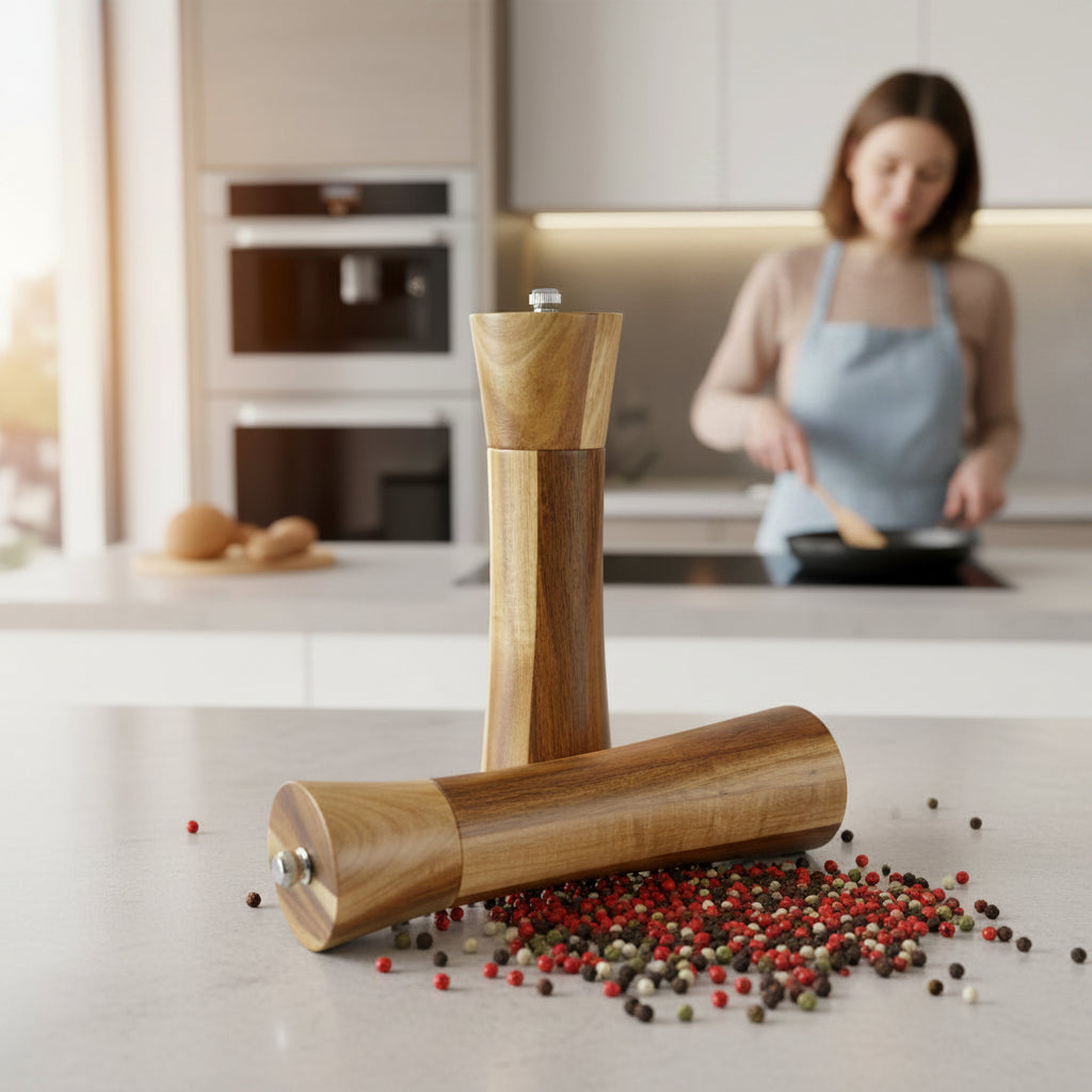 Gewürzmühle mit Keramikmahlwerk aus Akazienholz mit angenehme Haptik - Ø 55/200 mm für deine perfekte Küche, auch für Gastronomie, Restaurants und Caterer