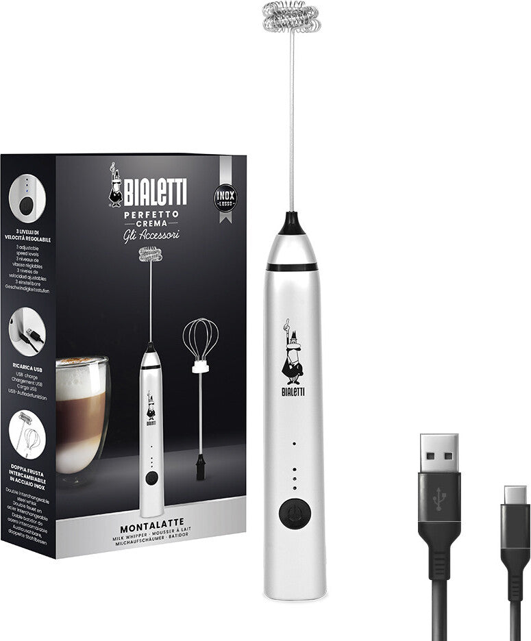 Bialetti Stab-Milchaufschäumer Edelstahl – 2 Aufsätze, USB-Ladung, 3 Stufen